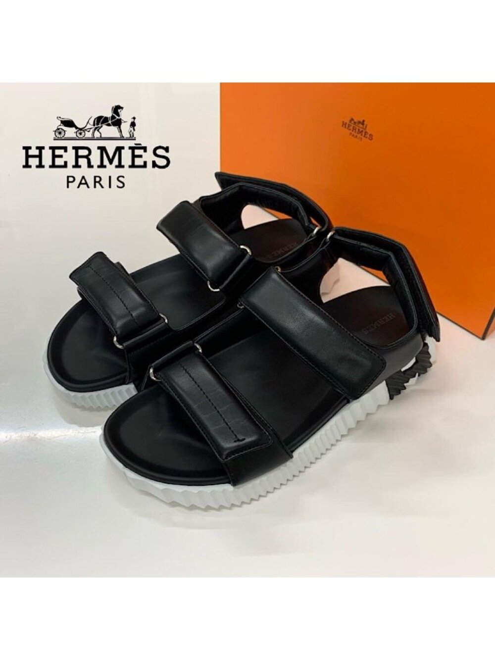 Hermes Junior Logo Leather Velcro Sandals Black